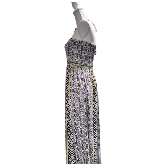 NWOT Maxi Dress Size L Black, White & Lime Green Beaded Neck Ties Smocked - Picture 5 of 5